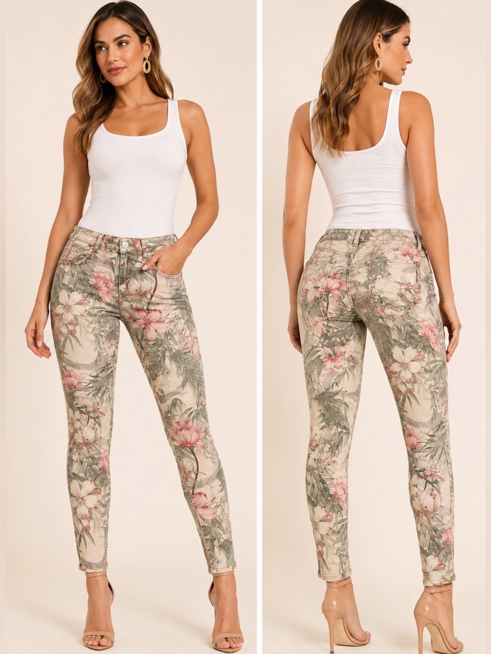 VENUS REVERSEABLE  Tan,Pink & Green Skinny Jeans with Floral Print NWOT